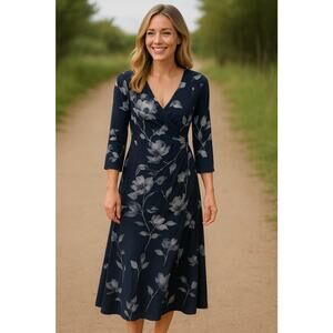 Soft Surroundings Hyannis Faux Wrap Dress Dress M Petite Eva Garden Navy Floral